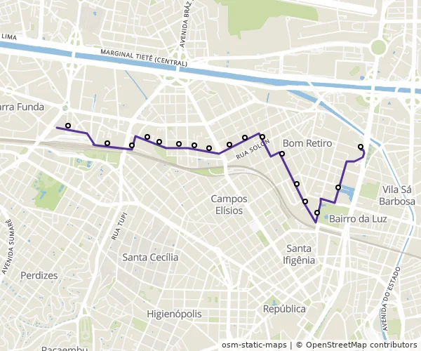 Mapa do itinerário da linha